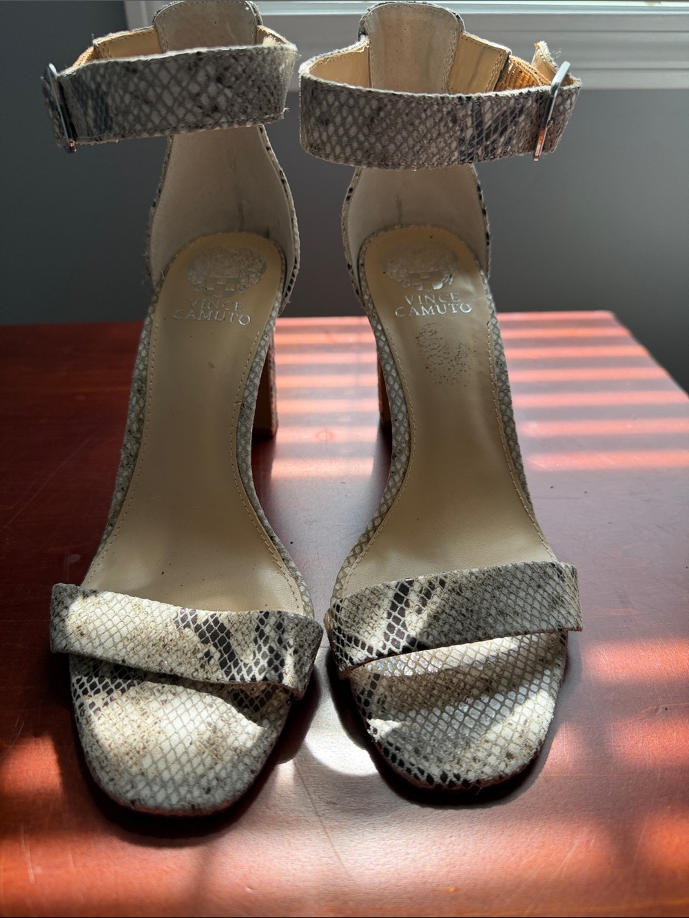 Vince Camuto Neutral Snake-Print Ankle Strap Heels